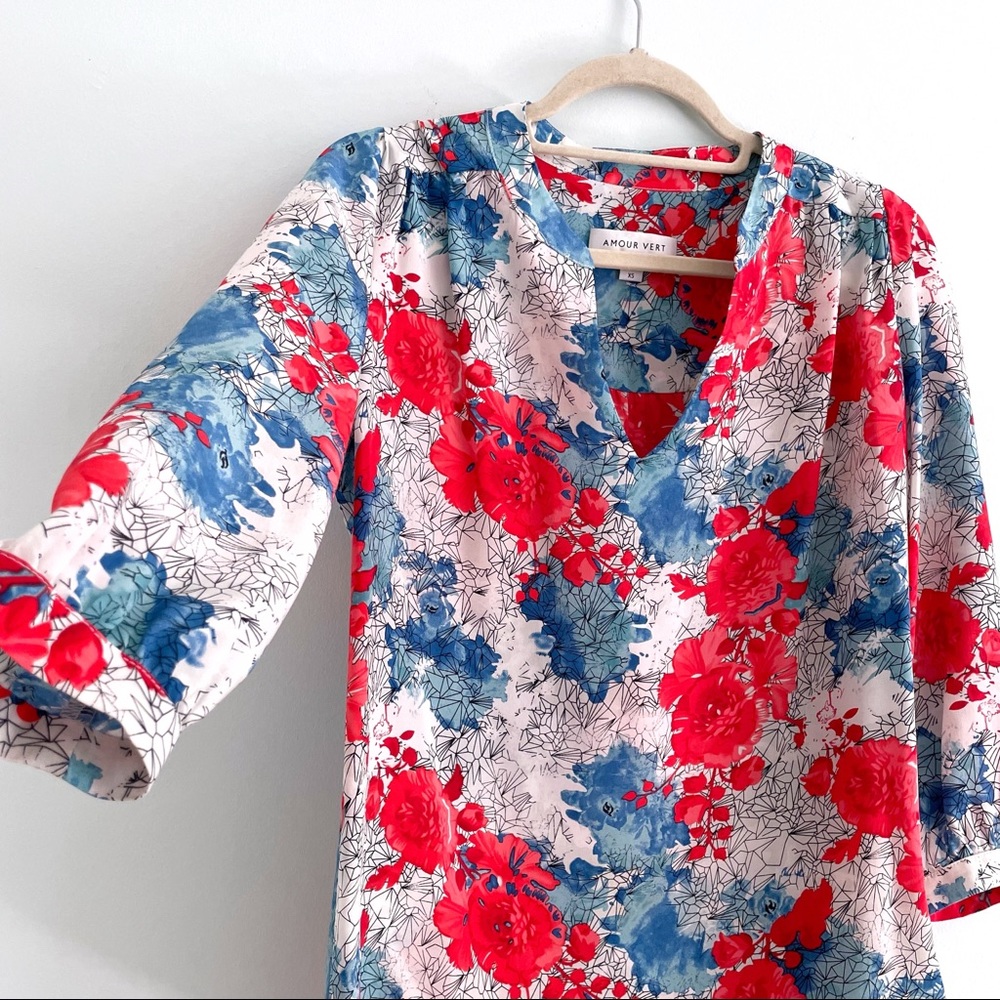 100% Silk Blouse by Amour Vert Made in the USA 3/4 Sleeve in White Blue and Red